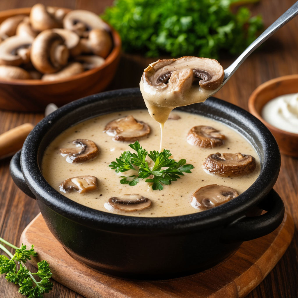 Фондю с белыми грибами, Gruyère и Vacherin Fribourgeois