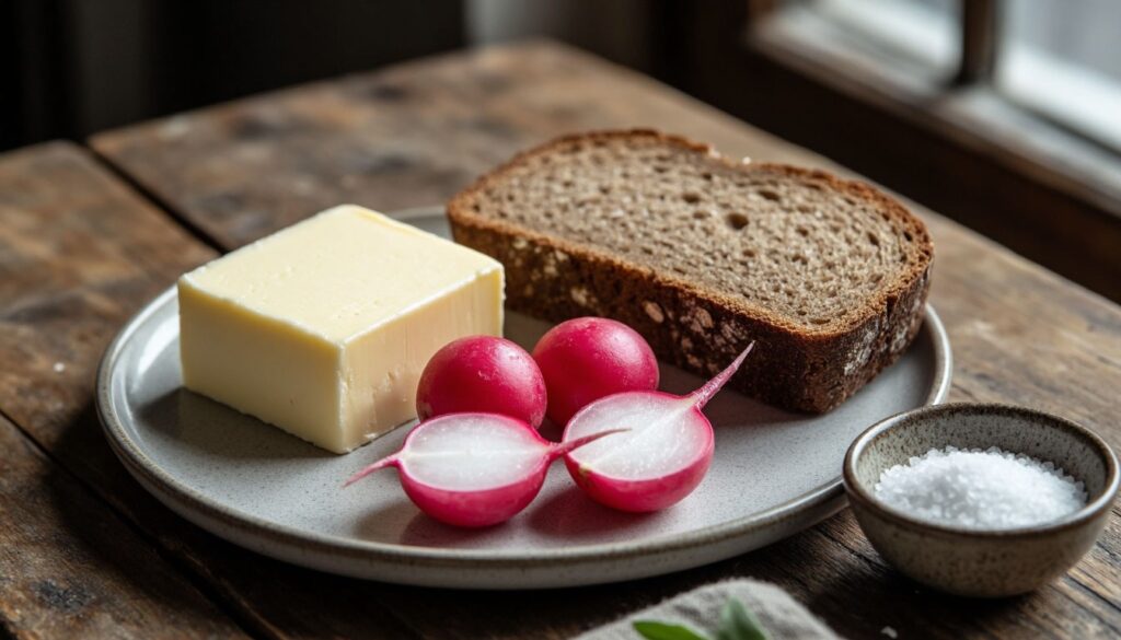 Маринованный редис со сливочным маслом и ржаным хлебом