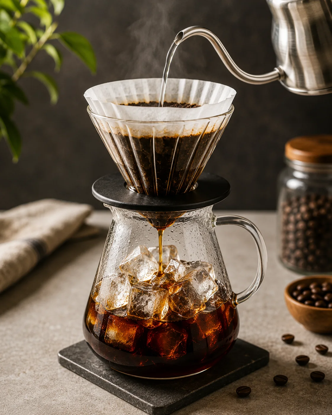 Приготовление flash brew — горячий кофе заваривается через воронку прямо на лёд