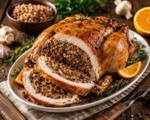 Курица без костей, фаршированная гречкой и грибами