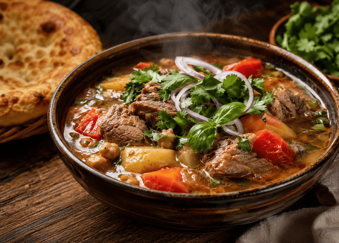 Шурпа из баранины с нутом и запечёнными овощами