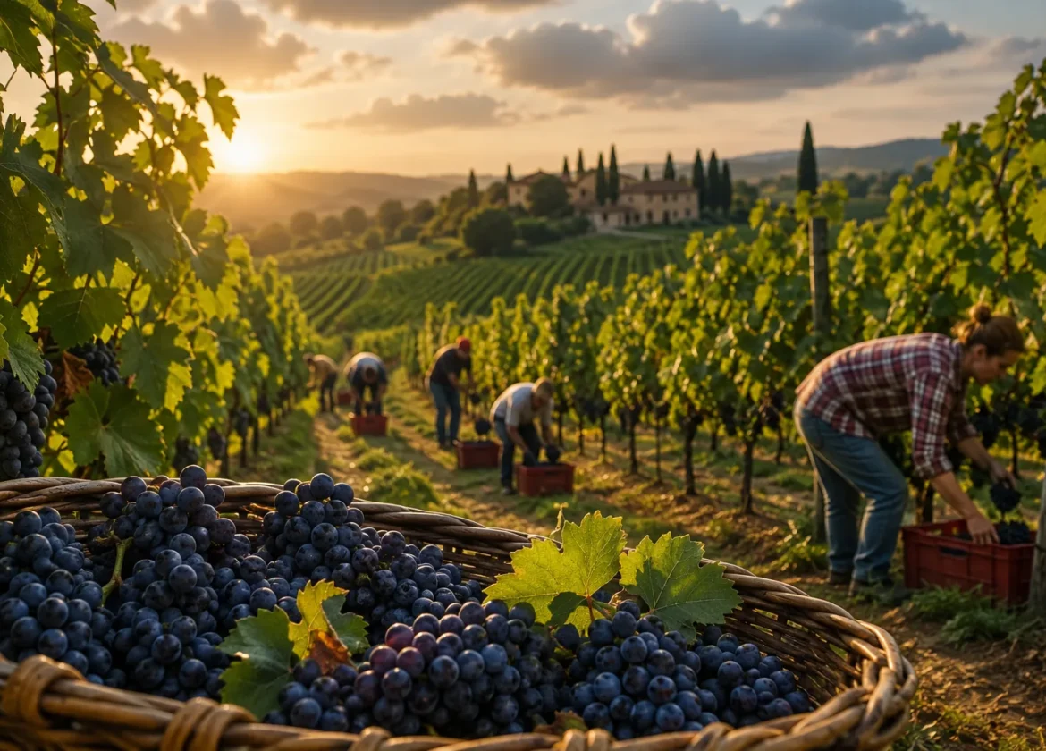 Сбор винограда на итальянской винодельне во время vendemmia