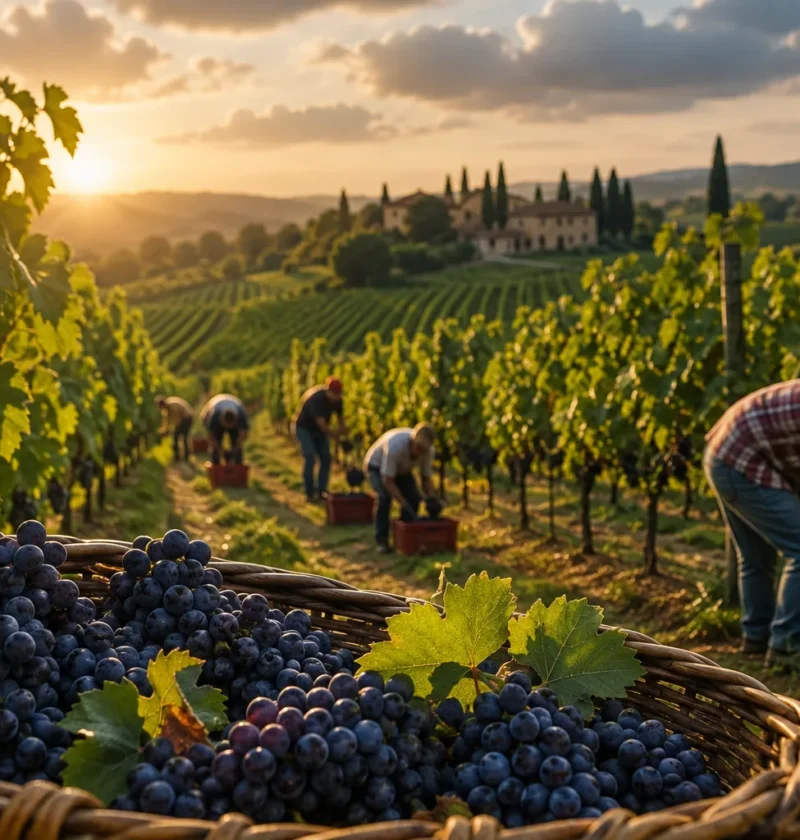 Сбор винограда на итальянской винодельне во время vendemmia