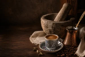 Кофе Dibek в традиционной чашке, медная джезва и каменная ступа