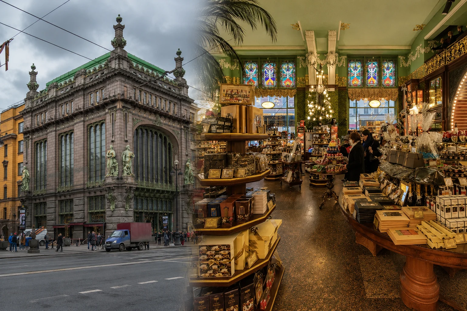 Елисеевский магазин в Санкт-Петербурге — исторический фасад и интерьер торгового зала