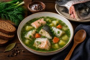 Камчатская уха из горбуши и палтуса с картофелем и свежей зеленью