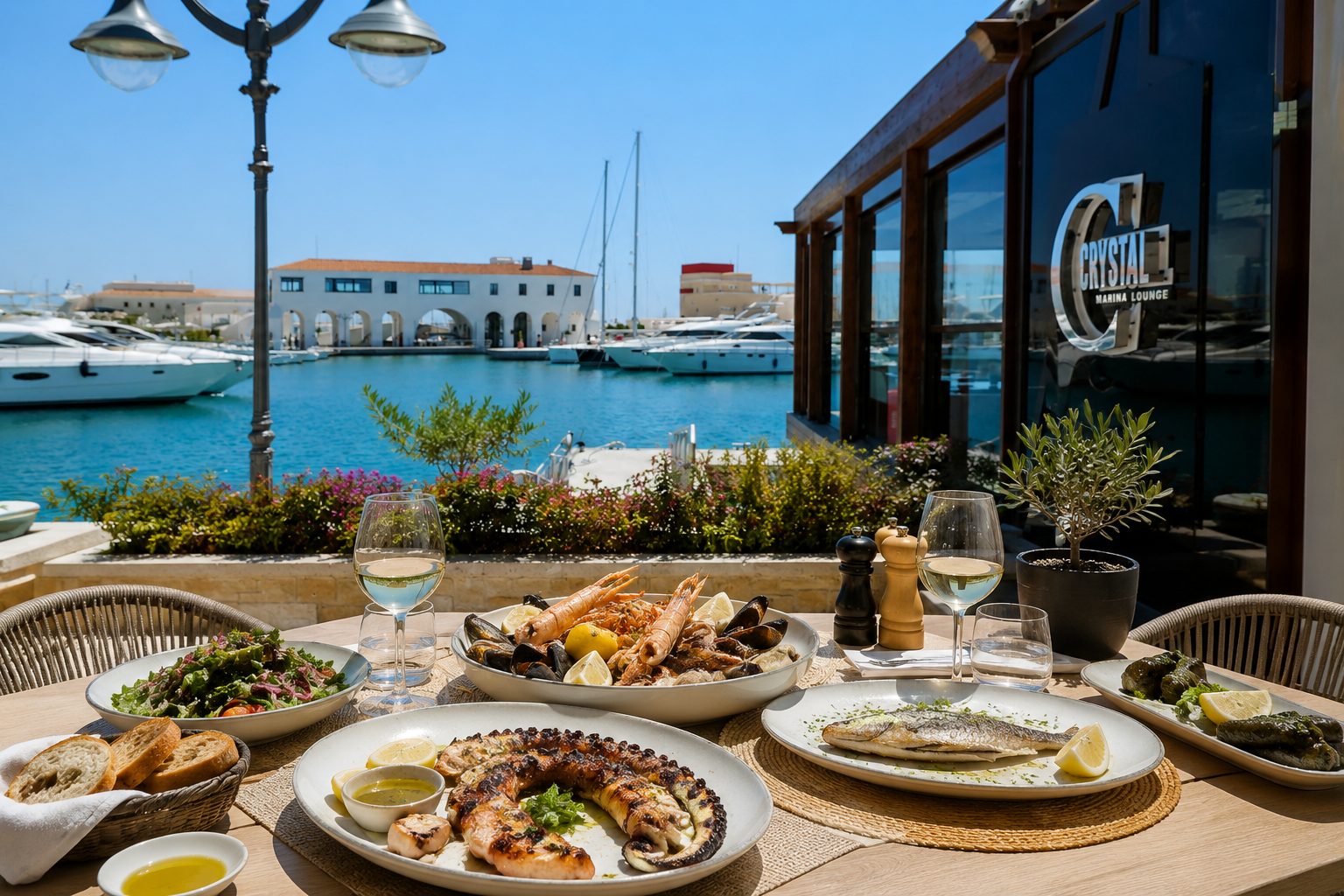 Ресторан морской кухни в Limassol Marina с видом на яхтенную гавань