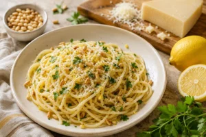 Спагетти с пекорино, кедровыми орешками и лимоном