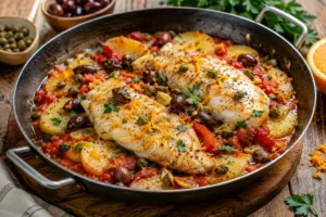 Тушёный пагр по-сицилийски с картофелем, томатами, оливками и каперсами