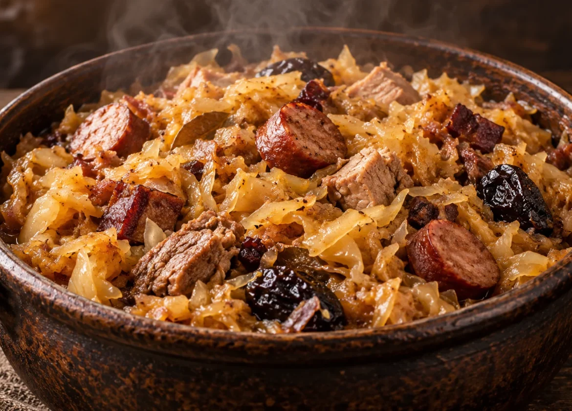 Бигос с мясом, копчёностями, капустой и черносливом