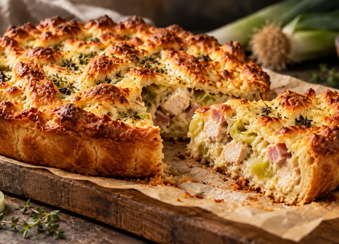 Куриный пирог с окороком и пореем под сырной корочкой