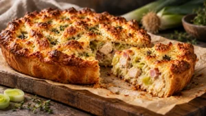 Куриный пирог с окороком и пореем под сырной корочкой