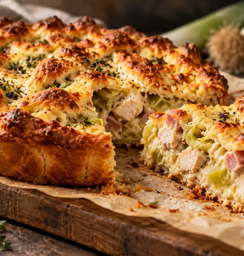 Куриный пирог с окороком и пореем под сырной корочкой