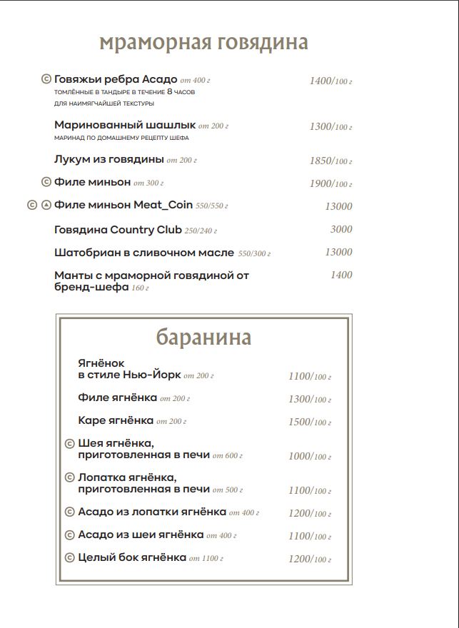 Фрагмент основного меню ресторана Meat Coin с блюдами из мраморной говядины и баранины