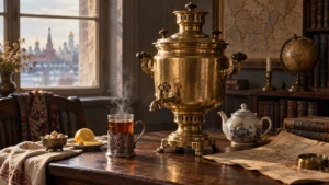 Старинный самовар на столе с чаем и картой — история слова «самовар»
